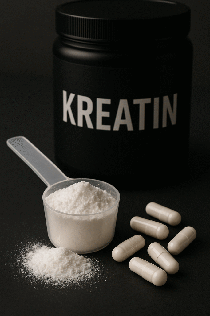 Kreatin Dose im Hintergrund. Im Vordergrung Kreatin Pulver mit Scoop und Kapseln.