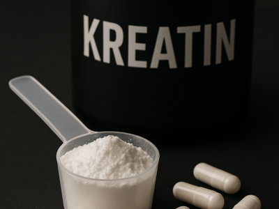 Kreatin Dose im Hintergrund. Im Vordergrung Kreatin Pulver mit Scoop und Kapseln.