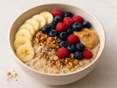 Das Bild zeigt eine cremig angerichtete Fitness Bowl in einer hellen Keramikschüssel.