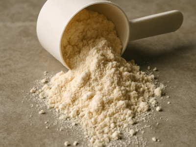 Ein umgefallener Scoop Löffen aus dem Eiweißpulver fällt.