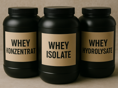 Drei verschiedene Eiweißdosen mit den jeweiligen aufschriften Whey Konzentrat, Whey Isolate und Whey Hydrolysate.
