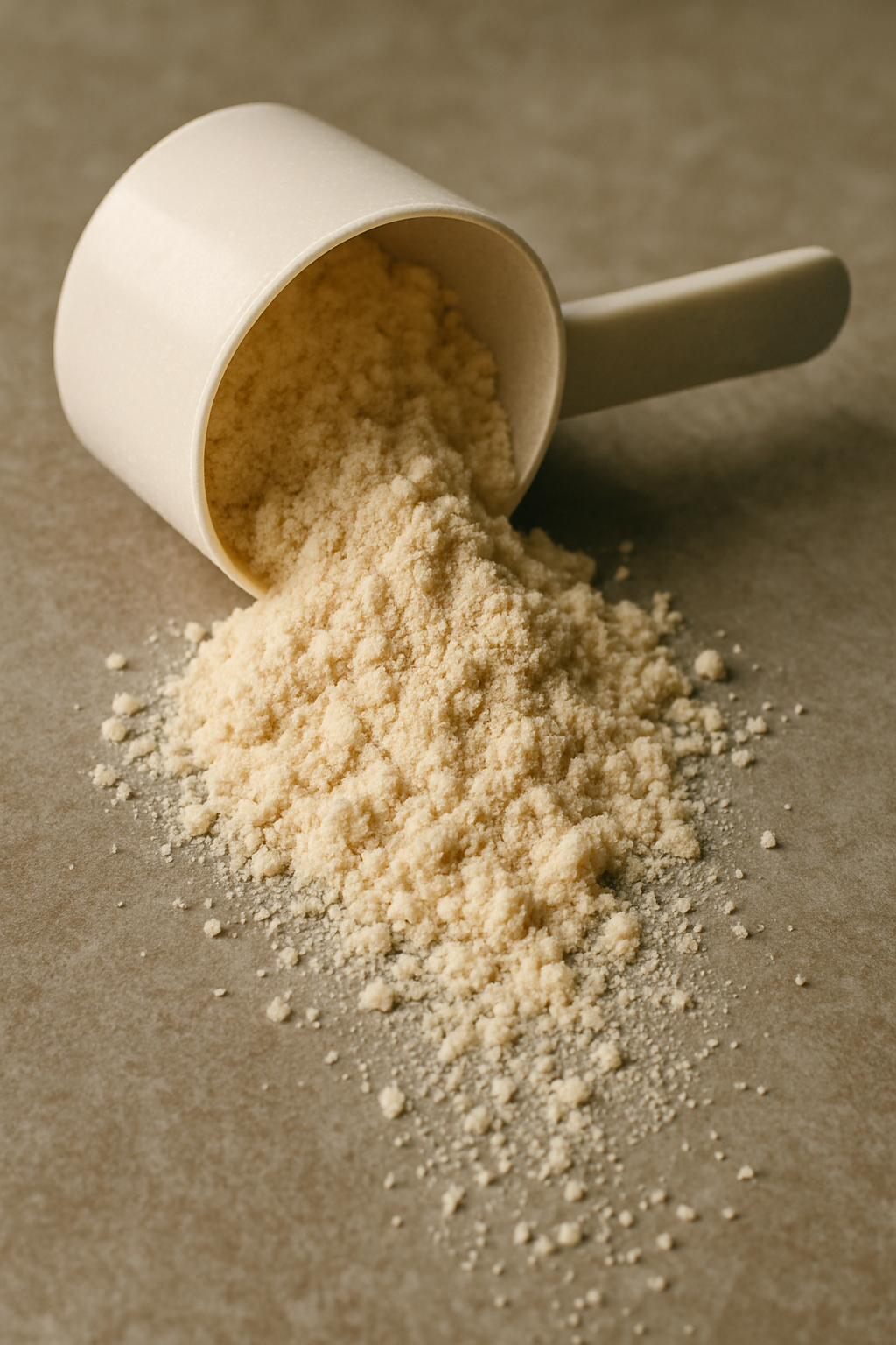 Ein umgefallener Scoop Löffen aus dem Eiweißpulver fällt.